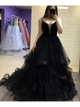Sweep Train Black Ruffles Evening Dresses