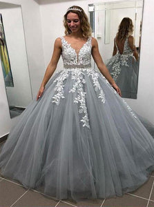 Tulle A Line V Neck Open Back Prom Dresses With Appliques 