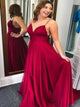 A Line Sleevelesss Red Satin Pleats Prom Dresses with Sweep Train