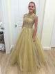 A Line Scoop Yellow Beadings Tulle Prom Dresses