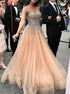 A Line Sweetheart Sleeveless Tulle Sweep Train Prom Dresses with Beadings LBQ2621