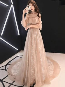 A Line Tulle Champagne Prom Dresses with Sweep Train 