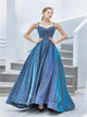 Ball Gown Spaghetti Blue Satin Sequins Prom Dresses