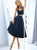 A Line 2 Pieces V Neck Navy Blue Satin Tea Length Prom Dresses