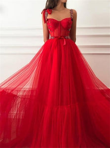 Red Tulle  A Line Strap Pleats Zipper Up Prom Dresses