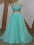 A Line Two Piece Light Blue Beaded Tulle Prom Dress LBQ3159