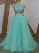 A Line Two Piece Light Blue Beaded Tulle Prom Dresses 