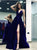 Navy Blue Satin V Neck Floor Length Prom Dresses
