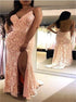 Mermaid Spaghetti Straps V Neck Backless Lace Prom Dress with Slit LBQ2243