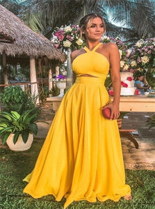 A Line Halter Two Piece Satin Yellow Prom Dresses 