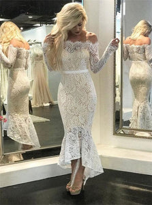 Mermaid Off the Shoulder Long Sleeves Lace White Prom Dresses 