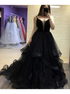 A Line Black Tulle V Neck Prom Dresses with Ruffles LBQ2464