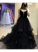 A Line Black Tulle V Neck Prom Dresses