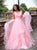 A Line V Neck Pink Tulle Prom Dresses with Ruffles 