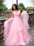 A Line V Neck Pink Tulle Prom Dress with Ruffles LBQ1990