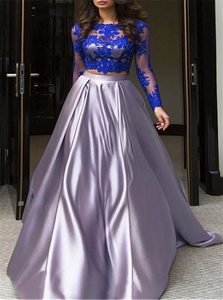 A Line Long Sleeves Satin Jewel Prom Dress With Appliques 