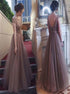 A Line Bateau Cap Sleeves Tulle Prom Dress With Beading LBQ1907