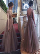 A Line Bateau Cap Sleeves Tulle Prom Dresses With Beadings