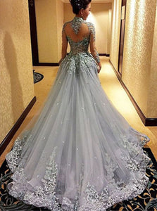 Open Back Tulle Sweep Train Prom Dresses 