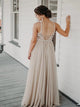 A Line V Neck Tulle Beadings Backless Sleeveless Prom Dresses