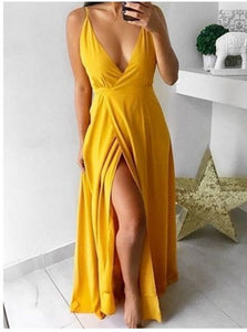 A Line Satin Yellow Prom Dresses with Slit