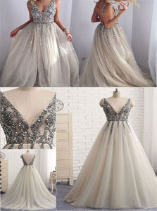 A Line Sleeveless Silver Open Back Tulle Beadings Prom Dresses