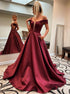 Off the Shoulder Burgundy Satin Prom Dresses with Pockets LBQ2151