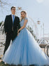 A Line Two Piece Off The Shoulder Tulle Satin Open Back Prom Dresses with Beadings LBQ2640