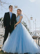 A Line Off The Shoulder Tulle Satin Open Back Prom Dresses 