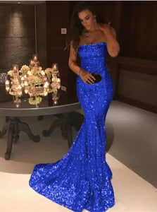 Blue Mermaid Strapless Sequins Prom Dresses 