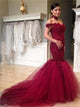 Mermaid Burgundy Off the Shoulder Appliques Tulle Open Back Prom Dresses