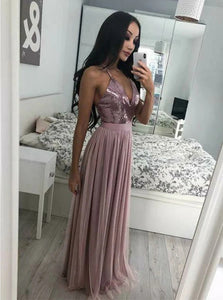 A Line V Neck Sleeveless Light Purple Chiffon Floor Length Prom Dresses