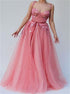 Pink A Line Strap Flower Appliques Prom Dress LBQ0894