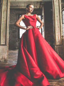 A Line Red Round Neck Sleeveless Backless Satin Prom Dresses