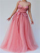 Pink A Line Strap Flower Appliques Prom Dresses 