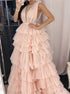 Pink A Line V Neck Ruffles Prom Dress LBQ2955