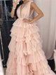 Pink A Line V Neck Ruffles Prom Dresses