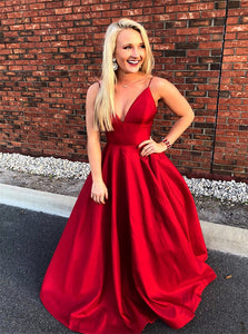 Straps A Line Red Satin Backless Prom Dresses