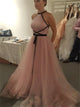 A Line Halter Pink Tulle Pleats Prom Dresses