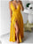 A Line V Neck Satin Yellow Prom Dresses with Sweep Train