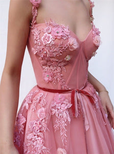 Pink A Line Strap Flower Appliques Prom Dresses 
