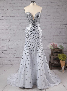 Mermaid White Sweetheart Rhinestones Satin Prom Dresses