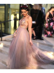 A Line Spaghetti Straps Beading Tulle Prom Dresses