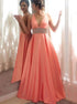 A Line Satin Coral V Neck Beading Prom Dress LBQ2030