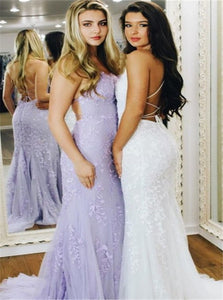 Lace Up Appliques Mermaid Tulle Scoop Sweep Train Prom Dresses