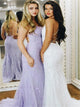 Lace Up Appliques Mermaid Tulle Scoop Sweep Train Prom Dresses