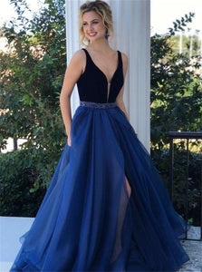 A Line V Neck Slit Royal Blue Prom Dresses 