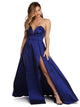 A Line Sweetheart Dark Blue Slit Satin Prom Dresses 