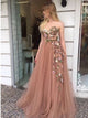 A Line Strapless 3D Embroidered Tulle Sleeveless Prom Dresses 