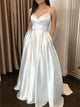 A Line V Neck White Spaghetti Straps Satin Prom Dresses with Pockets